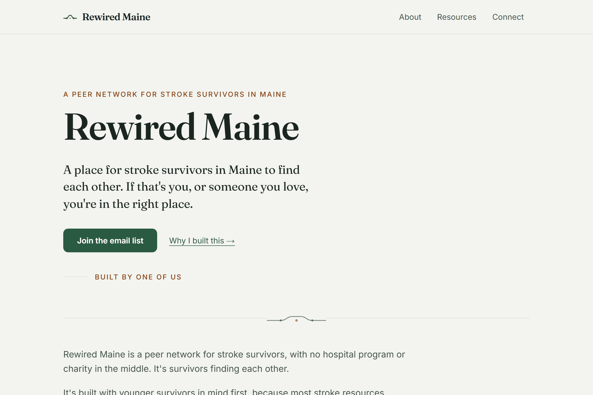 Rewired Maine homepage: a large serif headline on a pale background under the tagline 'A peer network for stroke survivors in Maine,' with a 'Join the email list' button and the words 'Built by one of us.'